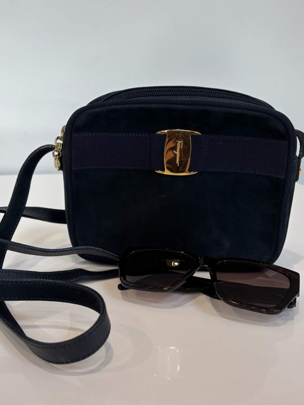 Salvatore Ferragamo Navy Suede Vara Bow Crossbody Bag Gold Hardware Italy